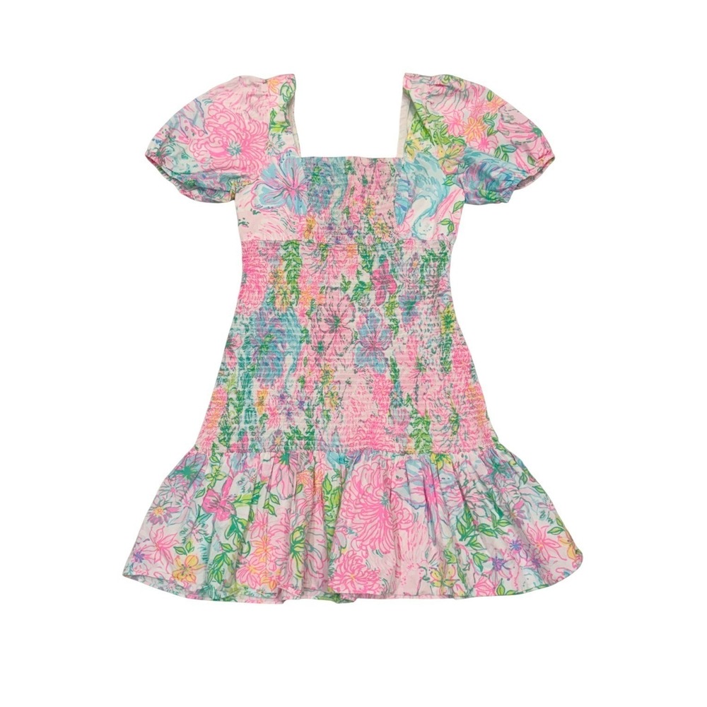 Lilly Pulitzer XS Evelina Pink Floral Smocked Drop Waist Puff Sleeve Mini Dress